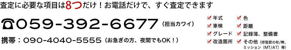 査定に必要な項目は8つだけ！お電話だけで、すぐ査定できます